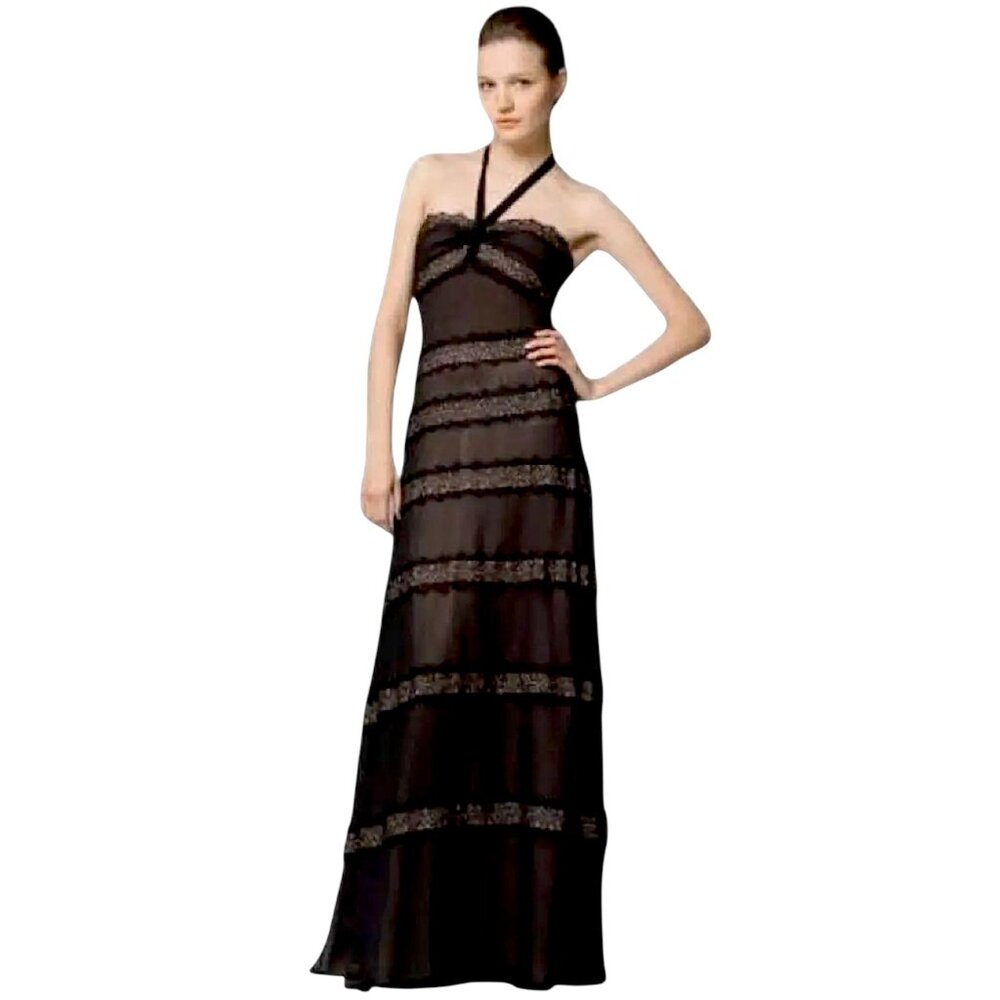 BCBGMaxAzria Black Silk & Lace Tiered Maxi Dress Gown w/ Nude Size 2
